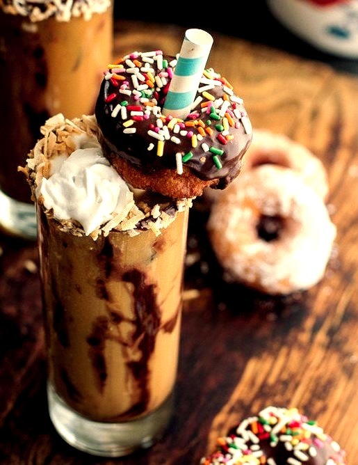 Coconut Iced Coffee with Mini Chocolate Glazed Coffee Doughnuts.